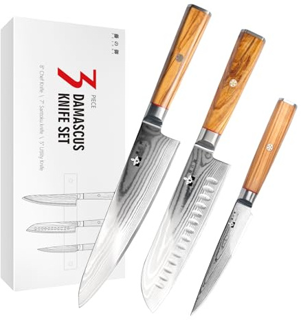 FUJUNI Damastmesser Set, 3-Teilig Messerset Damast Mit Extrem Scharf Klinge Aus 67 Lagen VG-10 Damaststahl Messer, Olivenholzgriff, Geschenkbox