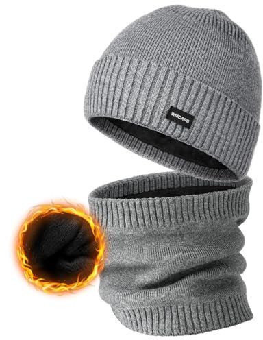 Wmcaps Winter Fleece Gefütterte Mütze und Halswärmer Set für Männer Frauen, Dicke Weiche Gemütliche Strickmützen Schal Set, Elastische Cuffed Plain Wintermütze Outdoor Aktivitäten Geschenk, Grau