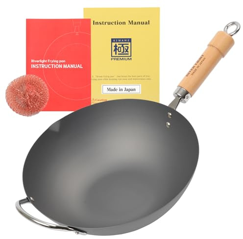 KIWAME Premium wok, 30 cm (11,8 tum), svart, trähandtag, inget non-stick, 3,2 kvarts, elektrisk spishäll kompatibel