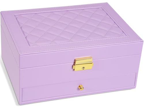 Unimoly 2-Layer Jewelry Box for Women Girls, Jewelry Organizers and Storage with Removable Jewelry Tray, Vintage Quilted Top Lockable Jewelry Holder Gift Idea Light Purple