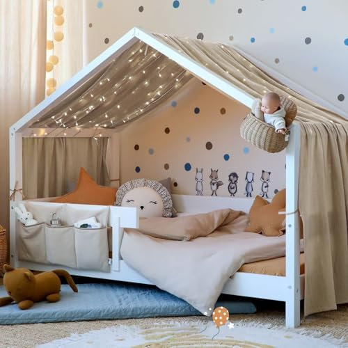 Vicloon Bed Canopy, Children Bed Canopy Nursery Decorations, House Bed Canopy Made of 100% Cotton Muslin Handmade, Decoration for Children's Room, 135 * 360cm, Beige Gray