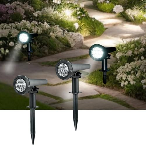 SC-Daily Solar Spot Lights Outdoor, White LED Solar Flood Lights, IP65 Waterproof, Garden, Yard, Pathway, Driveway, Garage, Fence, Walkway, Front Porch, Patio, Pack of 2