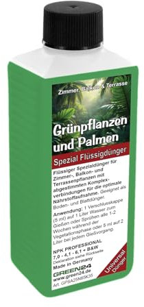 Spezial Grünpflanzendünger und Palmendünger – Zimmerpflanzen, Balkonpflanzen, Terrassenpflanzen, NPK Flüssigdünger, 250 ml Super-Konzentrat