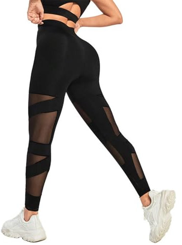 Generisch Sport Leggings Damen Sexy Mesh Yoga Hose High Waist Yoga-Leggings Skinny Stretch Sporthose Jogginghose Bauchkontrolle Nicht durchsichtig Sportleggings