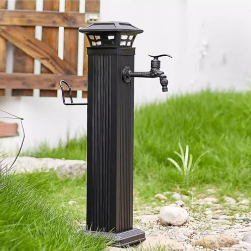 ASerZenith Robinet De Jardin Cylindrique en Acier Inoxydable, Colonne d'eau Antigel Extérieure avec Éclairage LED Solaire, Fontaine À Eau pour Jardin, 66 Cm(35in)