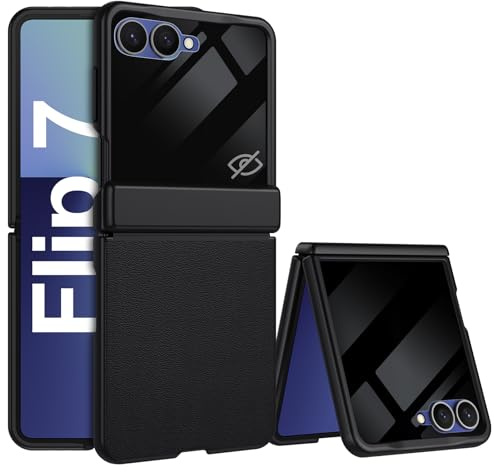 spoovcto Étui de protection en cuir de qualité supérieure pour Samsung Galaxy Z Flip 7 : étui en cuir nappa souple avec protection de charnière magnétique et film de protection de confidentialité