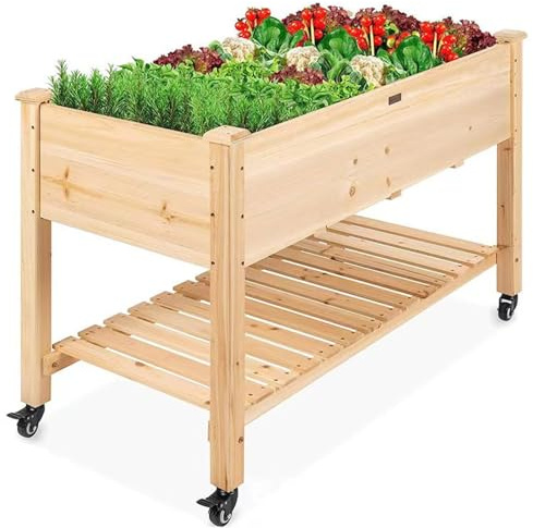 Fioriera rialzata in legno su ruote, scatola mobile per la coltivazione di ortaggi con ripiano per giardino, patio e cortile, perfetta per piantare e giardinaggio facili