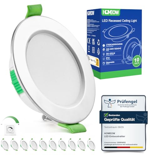 HOMEOW Set med 10 dimbara infällda LED-spotlights för gipsskivor hål 68–80 mm, 5 W nickel infälld LED-takspotlight, varmt ljus 2700K neutralt 4000K kallt 6000K, IP44 spotlight för badrum kök