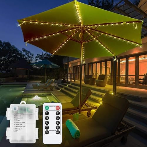 Luces para sombrilla, 104 LED impermeables, a pilas, con control remoto, 8 modos de iluminación para exteriores, patio, jardín y tiendas de campaña (Blanco cálido)
