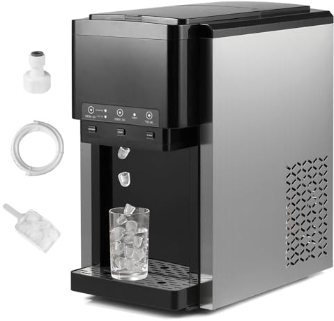 RELAX4LIFE 3 in 1 Erogatore Acqua, Macchina del Ghiaccio in Acciaio Inossidabile con Ghiaccio Tritato, 20 kg/24h, 12 Pezzi/9 Min, Dispenser di Acqua Domestica per Casa, Cucina e Ufficio, 44x28x48cm