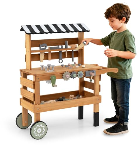 COSTWAY Banco da Lavoro in Legno per Bambini, Carrello 2 in 1 con Accessori Realistici, Maniglia Portatile, Cappottina Superiore e Porta Attrezzi, Tavolo da Lavoro Giocattolo Officina 3+ Anni