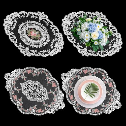 4 Stück Spitzendeckchen Oval Vintage, Dekorative Tischsets aus Spitze, 31x 44cm, 33 x 45 cm, Abwaschbar Tischset für Esstisch, Couchtisch, Kaffeetisch, Gartentisch, Häkeldeckchen für Heimdekoration