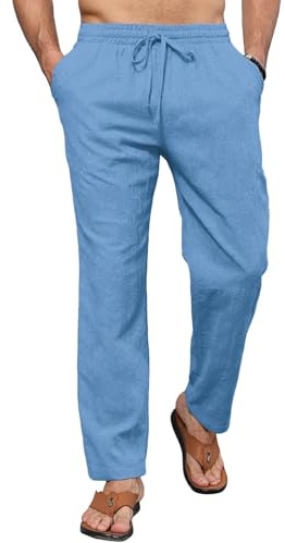 LAOARA Pantalon en Lin Homme Plage Leggeri Pantaloni Estivi Homme Long Pantalon en Coton Motivi Ricamati