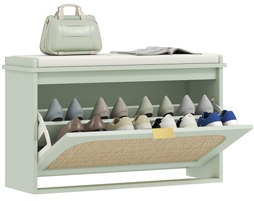 HOMCOM - Banco para zapatos de entrada, banco de almacenamiento estrecho, asiento acolchado, puerta de ratán, cajón plegable y estante ajustable, estilo bohemio, para entrada, pasillo, 80 x 26 x 47,5