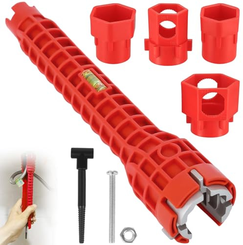14 in 1 Chiave per Rubinetto, Strumento Installatore Rubinetti, Strumenti Installazione Sottolavello, Chiave Rubinetteria Multifunzionale per Lavandino, Tubo, Bagno, Cucina, Sanitaria, Lavabo (Rosso)