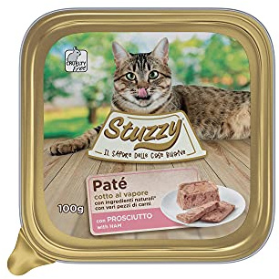 Stuzzy, Cibo Umido per Gatti Adulti al Gusto Prosciutto, Linea Paté e Carni in Pezzi - Totale 3,2Kg (32 Vaschette da 100G)
