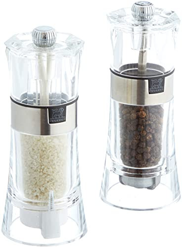 PEUGEOT - 2 in 1 Olso 14 cm Pepper Mill + Wet Salt Mill - Black Pepper Included - Made with PEFC Certified Wood, Stainless Steel and Acrylic - Made in France - Graphite Colour