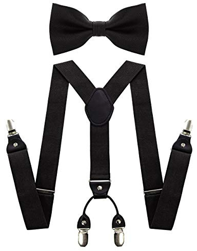 JEMYGINS Black Suspender and Silk Bow Tie Sets for Men (Black)