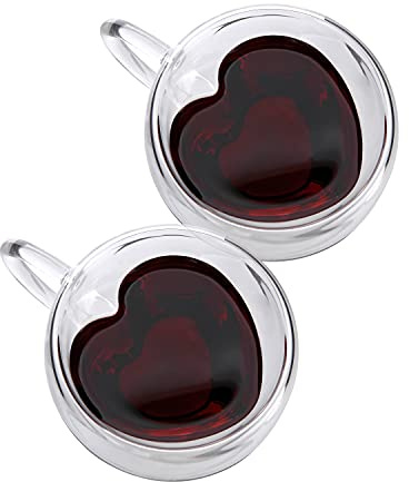 CNGLASS Double Wall Heart Shaped Glass Coffee Mugs 5oz(Set of 2),Insulated Clear Tea Cups with Handle,Unique Glass Espresso Mugs for Coffee,Cappuccino,Latte,Milk