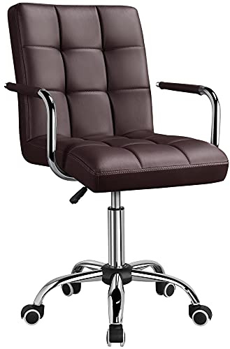 Yaheetech PU Leather Mid-Back Task Desk Chair Modern Adjustable Swivel Home Office Chair with Smooth Casters Brown