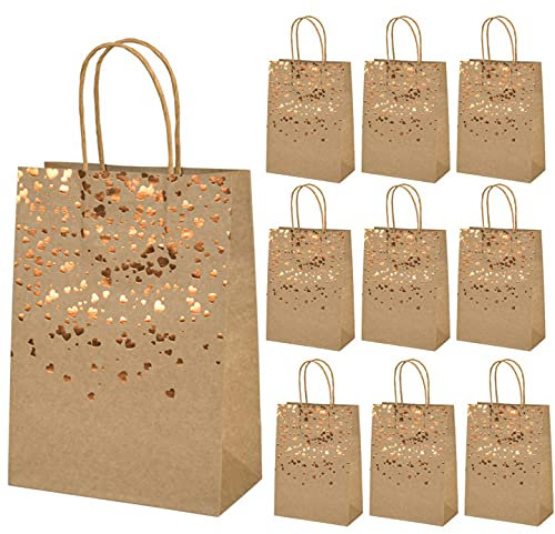 Mikihat 10 Stück Papiertüten mit Henkel，Geschenktüten aus Kraftpapier, Bronzing Kraft Tasche mit Gold Herz Verzierung, Party Geschenk Papiertüten für Partys, Hochzeiten, Feiern, Geschenktüten