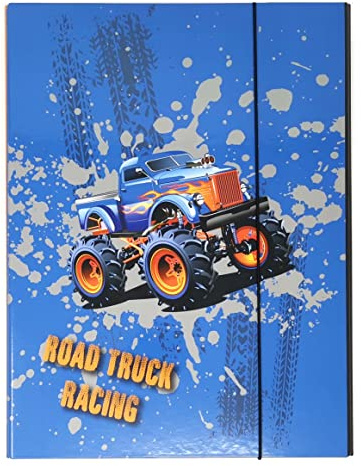 Boîte de collection robuste pour enfant, classeur, classeur pour cartable, dossier avec élastique et rabat intérieur DIN A4, pour garçon (camion racing)