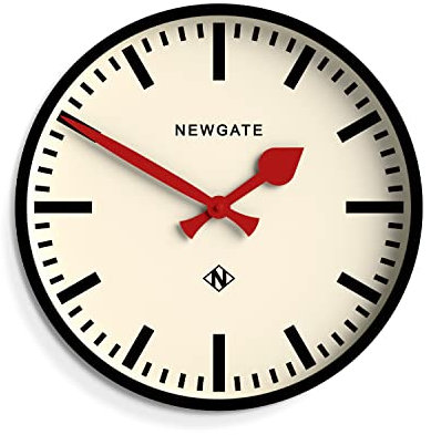 NEWGATE® Universal wall clock | Large modern vintage station clock | 43cm | Deep matt black metal case with red metal hands | Mid century style for kitchen, living room or office