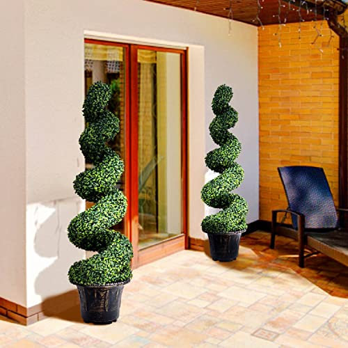 TANGZON 115/120CM Artificial Boxwood Spiral Topiary Tree, Evergreen Fake Buxus Plant in Pot with Realistic Leaves & Twined Branches, Faux Potted Plants for Home Office Porch Decoration (120CM, 2 Pack)