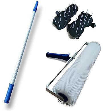 Profesius Entlüftungsroller, Bodenbeschichtungs Set - 50cm Stachelwalze mit Bügel, Teleskopverlängerung und Nagelschuhen - Stachelwalze, Nagelwalze, Igelwaze