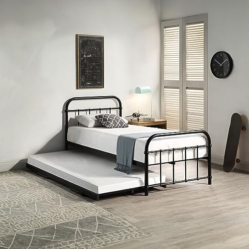 SlumberWorx TEWIN VINTAGE HOSPITAL STYLE SINGLE METAL BED FRAME & GUEST TRUNDLE WITH COLOUR & MATTRESS OPTIONS (No Mattress, Black)