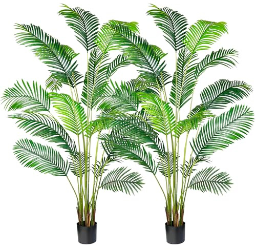 KOL 7ft 2-Pack Artificial Areca Palm Plant in Pot, Fake Tropical Cane Palm Silk Tree Indoor Outdoor, Dypsis Lutescens Plants, 82.7in Lifelike Faux Silk Plant Home Garden Decoration, Housewarming Gift