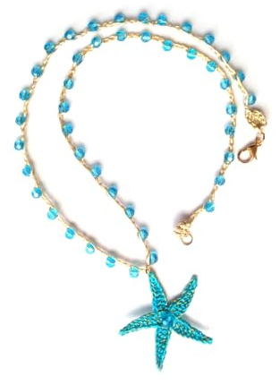 collana da donna con cristalli di vetro e ciondolo stella marina, beige/turchese/dorato, Gioielli all'uncinetto, girocollo di pizzo, Made in Italy, Bijoux da donna, Lavorazione Artigianale