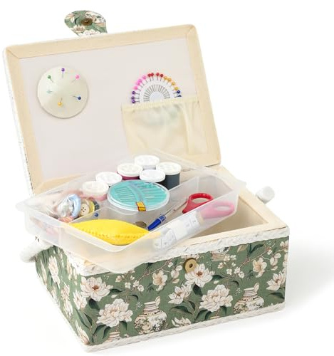 NOTIONSLAND Sewing Box Organiser with Accessories, Green | Medium Vintage Sewing Box Organiser with Handle & Removable Tray, Gift for Christmas, Thanksgiving, Mother's Day