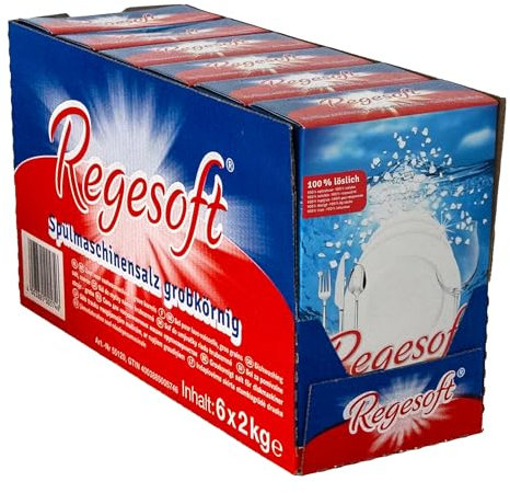 K+S Regesoft 1-6 12kg Geschirrspülsalz | 6 x 2kg Packung Spülmaschinensalz | Spezialsalz gegen Kalk Wasserflecken | Glänzendes Geschirr | Weiches Wasser