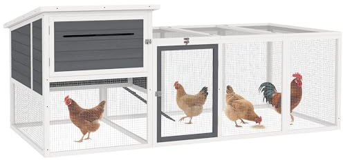 PawHut Pollaio per Galline Ovaiole Esterno con Casetta, Nido per Cova, Tetto Impermeabile Apribile, Vassoio Estraibile, Porte, Gabbia Recinto per 2-4 Galline Conigli in Legno, 214x101x91.5cm, Grigio