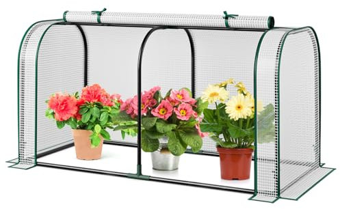 RELAX4LIFE Serra da Giardino con Porta Avvolgibile, Mini Serra Orto Vivaio, Materiale in in PE, Struttura Metallica, 118 x 55 x 60 cm (Bianco)