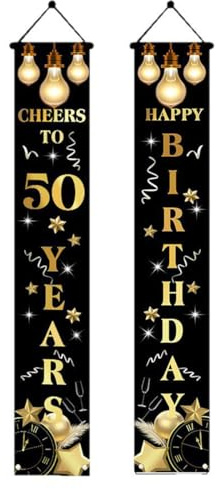 Banderole de Porte 50e Anniversaire,Toile de Fond de Bannière de Porte Joyeux Anniversaire pour Hommes et Femmes,Or Noir Fête d'Anniversaire Porche Décoration Bannière en Tissu