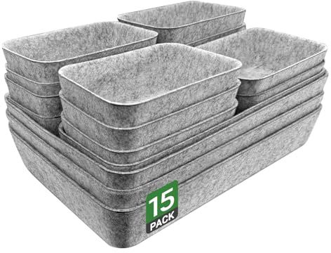 Captainfive 15 piezas organizador de cajones para cajones de 100x58 cm, cajas apilables de fieltro, sistema de orden para escritorio, tocador, mesita, armario (gris claro)