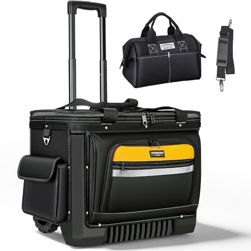 WINHUNT Rolling Tool Bag with Wheels, 22 Inch Heavy Duty Adjustable Telescopic Handle Tool Trolley with a small tool bag, Wide Mouth Storage Organiser For Construction, Electrician, Mechanic