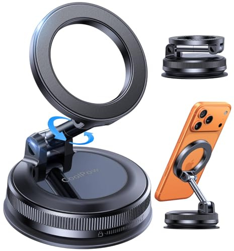 CoolpowăNewest Vacuum Magnetic Phone Holder for Car Phone Holder MountăMovable Vacuum Suctionă Magsafe Car Mount Cell Phone Holders for Your Car Accessories for Women Men for iPhone 17 16 -Black
