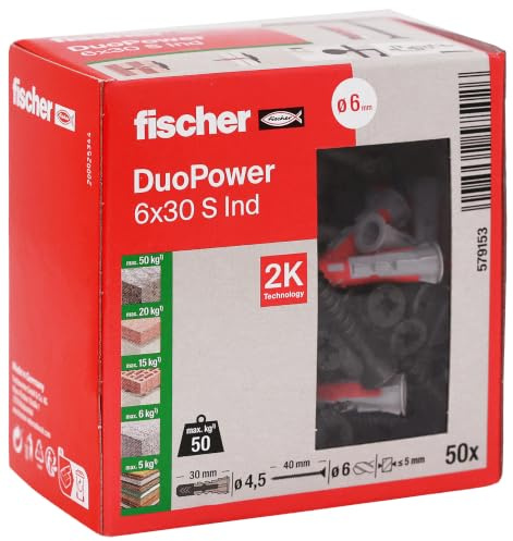 Fischer DuoPower 6 x 30 S with Black Galvanised Screws in Industrial Design, Universal Dowels, 2K Dowels for Concrete, Solid Stone, Perforated Stone and Plasterboard, 50 Dowels + 50 Screws