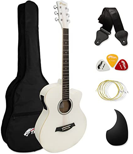 TIGER ACG4-WH Full Size 4/4 Elektro-Akustische Gitarre für Anfänger, mit eingebautem 3-Band EQ - Packung enthält Gigbag, Gurt und Ersatzsaiten - Weiß