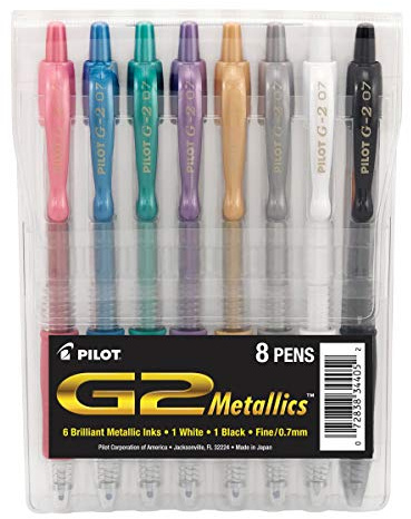 PILOT G2 Metallics Refillable and Retractable Rolling Ball Gel Pens, Fine Point, Assorted Color Inks, 8-Pack Pouch (34405)