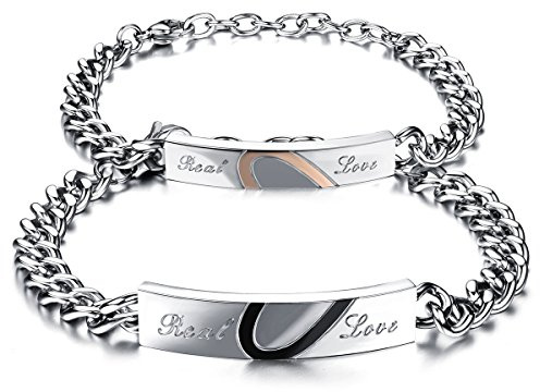 OIDEA Bracciale Braccialetto per Coppia Lovers Braccialetto in Acciaio Inox Real Love Puzzle Cuore Regalo per Amante Nero Oro (1 Coppia)