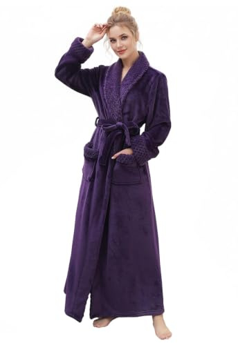 Hellomamma Premium Long Robes for Women-Super Plush Soft Fleece Bathrobes Purple L-XL
