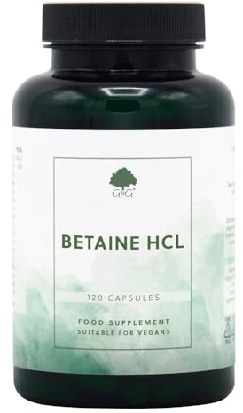 Betaine Hydrochloride (HCl) with Pepsin - 440mg Betaine per Capsule - 120 Vegan Capsules - Non-GMO, Made in The UK by G&G Vitamins