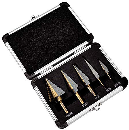 Meichoon HSS Titanio Broca Escalonada 5 piezas 1/4-1-3/8 3/16-7/8 1/4-3/4 1/8-1/2 3/16-1/2 Multifunción Pagoda Taladro Brocas Metal Drill con Caja de Aluminio DC14