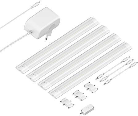 ledscom.de Luce sottopensile a LED SIRIS bianco opaco con dimmer a sfioramento, piatto, 30cm ciascuno, 370lm ciascuno, bianco, set di 4