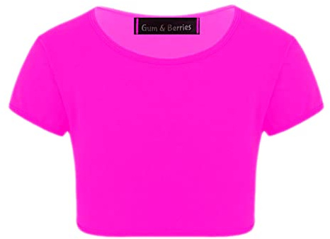 Enfants Filles Néon Fluorescent Plaine À Manches Courtes Crop Tops T-Shirt Tee Top Dance Wear Gymnastique Déguisements Rose néon 11-12 Ans