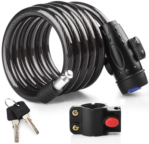 Diyife Bike Lock, [4ft/1.2m] 12mm Bike Security Cable Lock, Steel Coiled Cable Lock with 2 Keys, Heavy Duty Bicycle Lock with Mounting Bracket for Bike Motorcycle Scooter Skateboard Stroller Outdoor